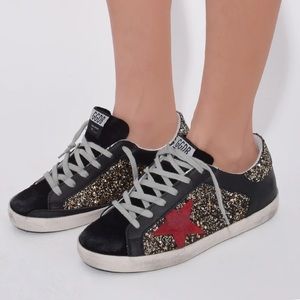 Golden Goose Superstar w/ gold glitter & red star